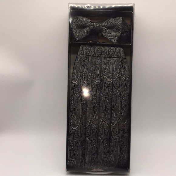 Bow Tie & Cummerbund Black Grey Paisley with Box - Picture 10 of 11